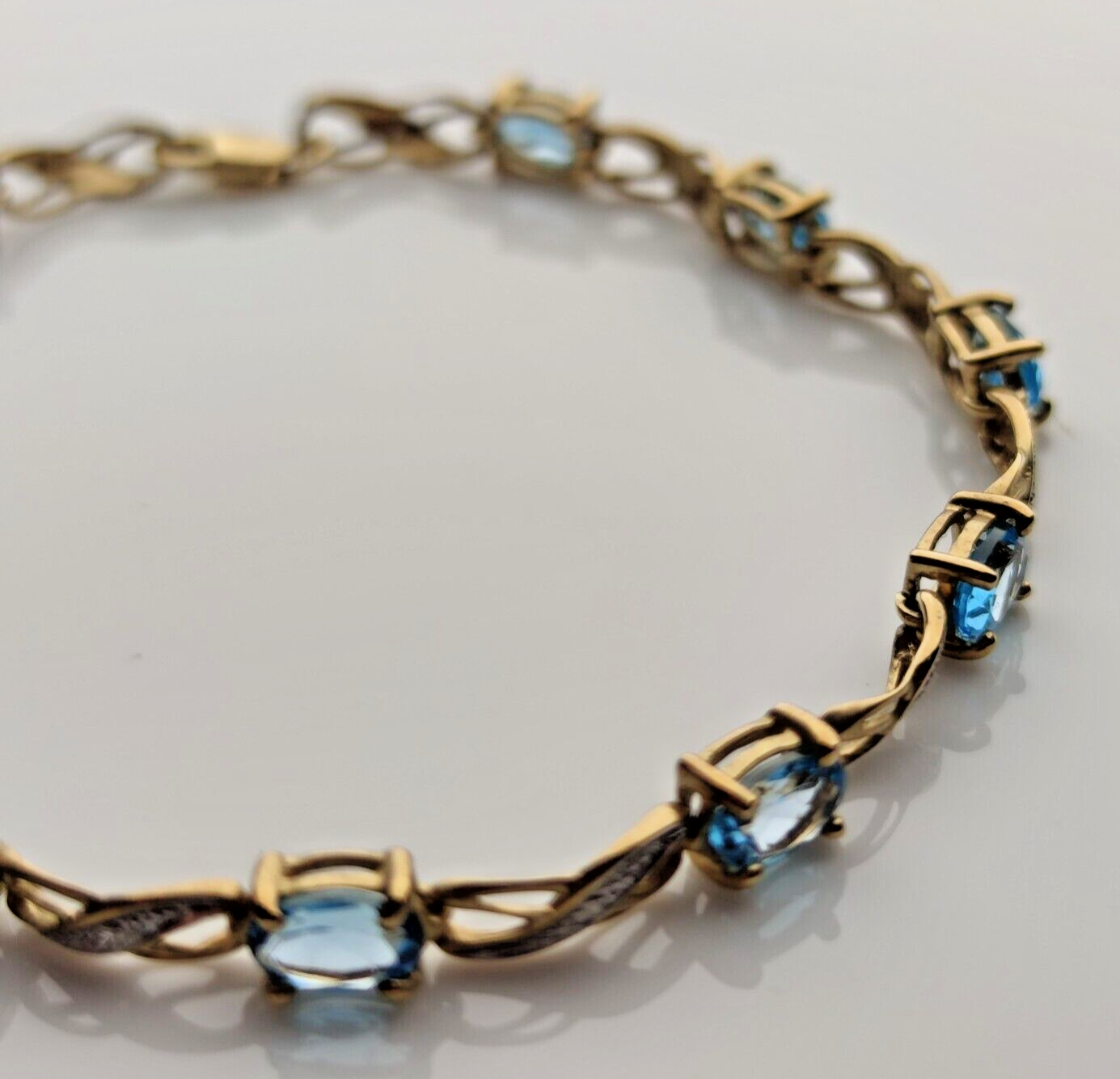 9ct Yellow Gold Tennis Bracelet Blue Topaz Natural Gemstones 19cm Long