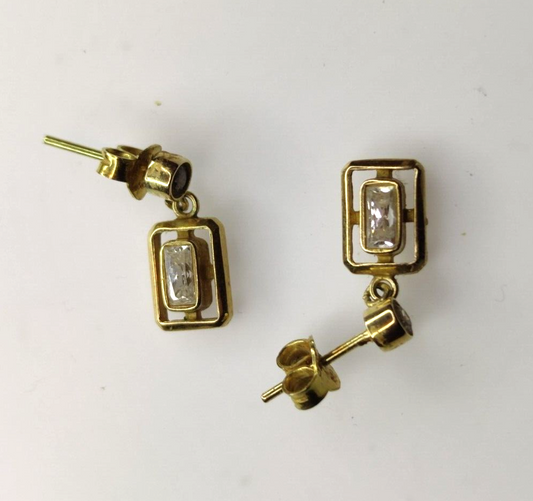 14ct Yellow Gold Dangle Earrings Cubic Zirconia Baguette Earrings - 14k Gold