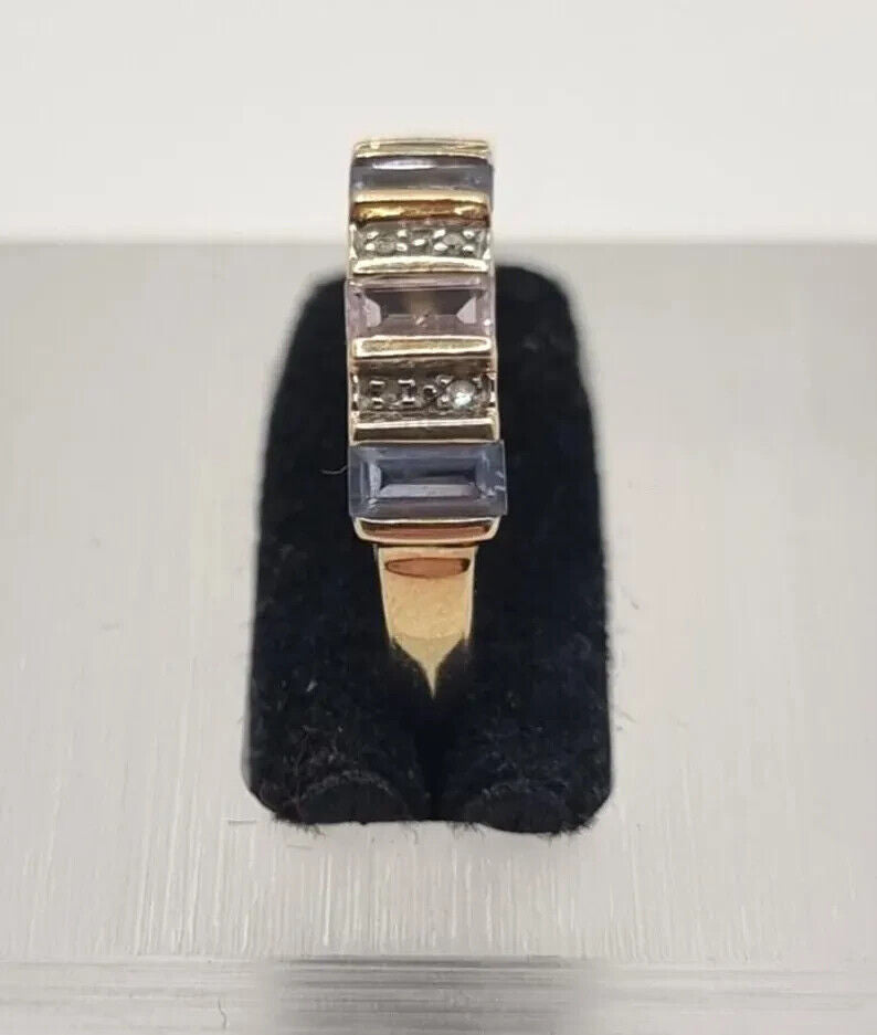 9ct Yellow Gold Multi-Gemstone Ring Blue & Pink Topaz & Diamonds Ring Size O 1/2