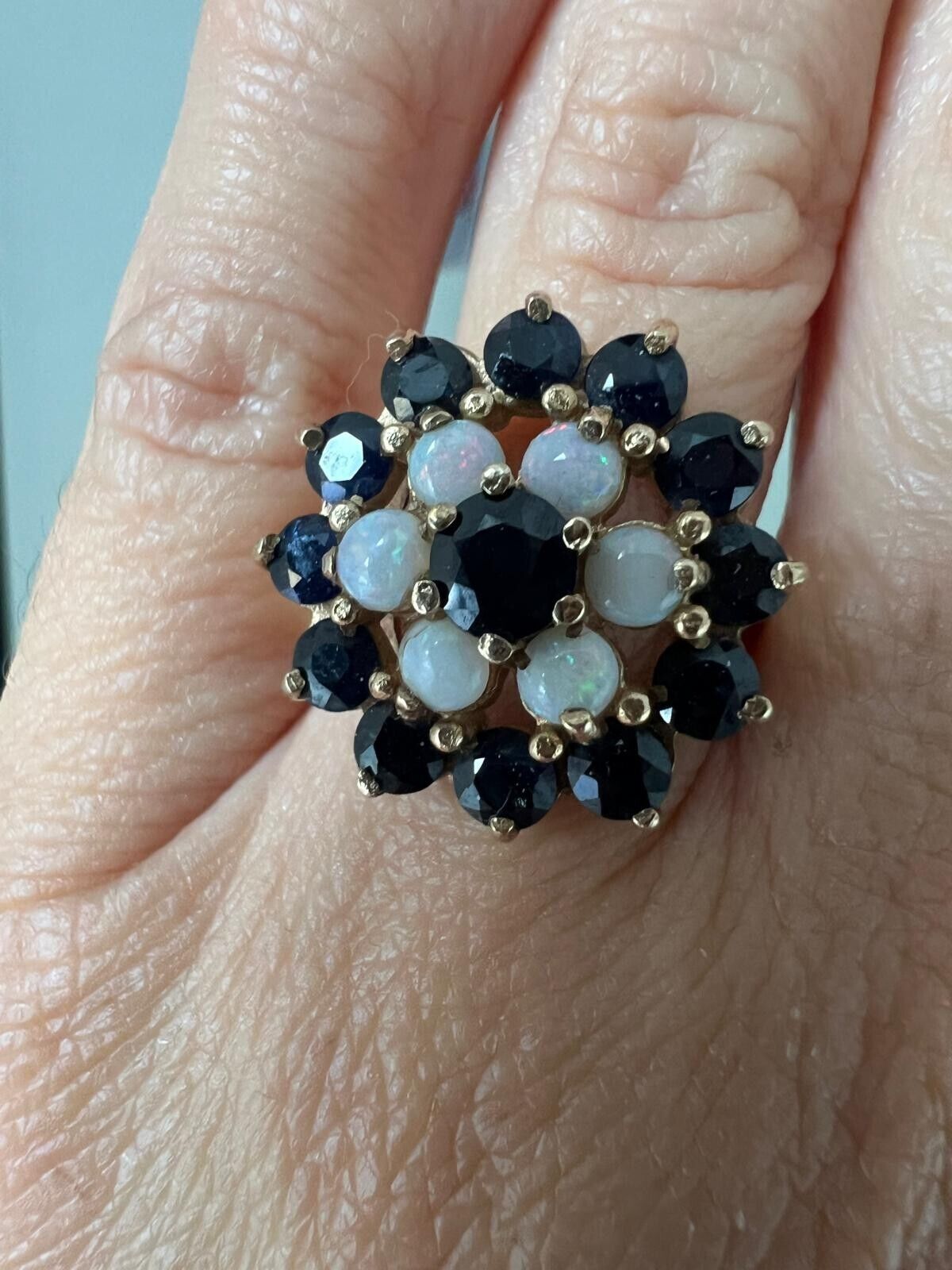 9ct Yellow Gold Ring Round Blue Sapphire & White Round Opal Ring Size O 1/2