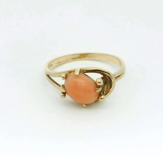 14ct Yellow Gold Ring Coral Cabochon Prong Setting Statement Ring Size P