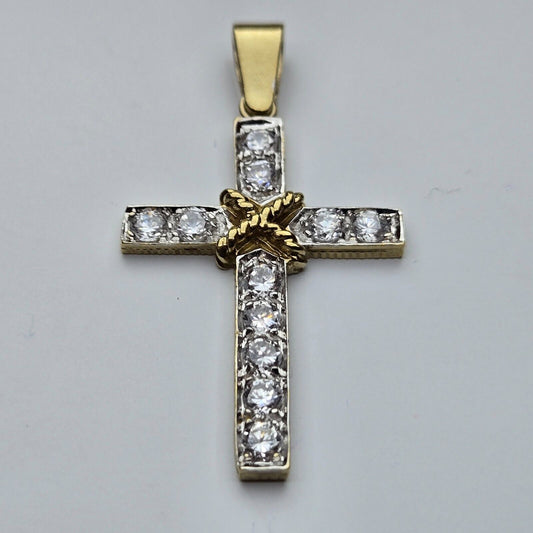 9ct Yellow Gold Cross Pendant Round Cubic Zirconia Stones Size 48mm x 25mm