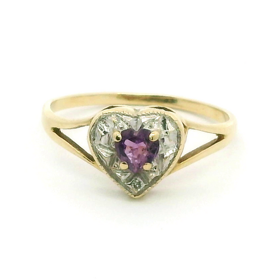 9ct Yellow Gold Heart Ring Purple Amethyst & Diamonds 375 Hallmarked Ring Size O