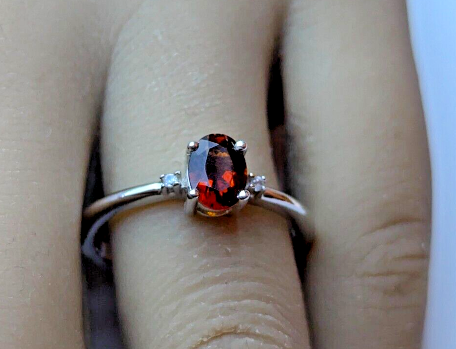 Silver Ring Garnet and Diamond Gemstones 925 Sterling Silver Ring Size R 1/2