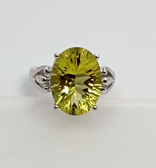 9ct White Gold Ring Oval Yellow Citrine Statement Ring Size O 1/2