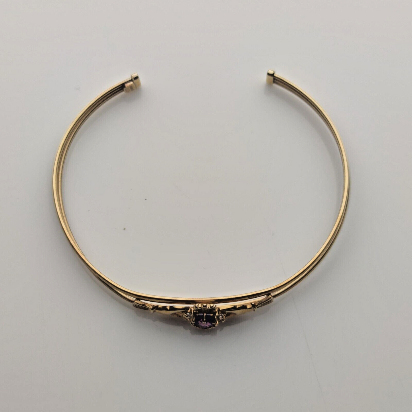 9ct Yellow Gold Claddagh Bangle Purple Amethyst Gemstone Size 6cm x 6.5cm