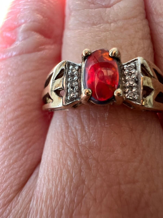 9ct Yellow Gold Ring Ammolite Colour Change & Diamond Gemstone Ring Size N 1/2