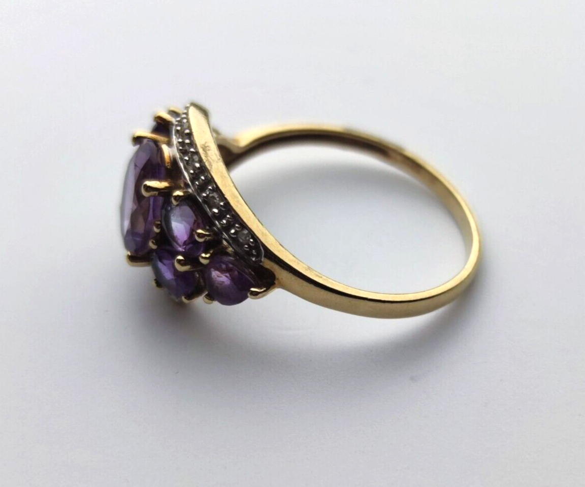 9ct Yellow Gold Ring Purple Amethyst White Diamonds Gemstones Ring Size: P