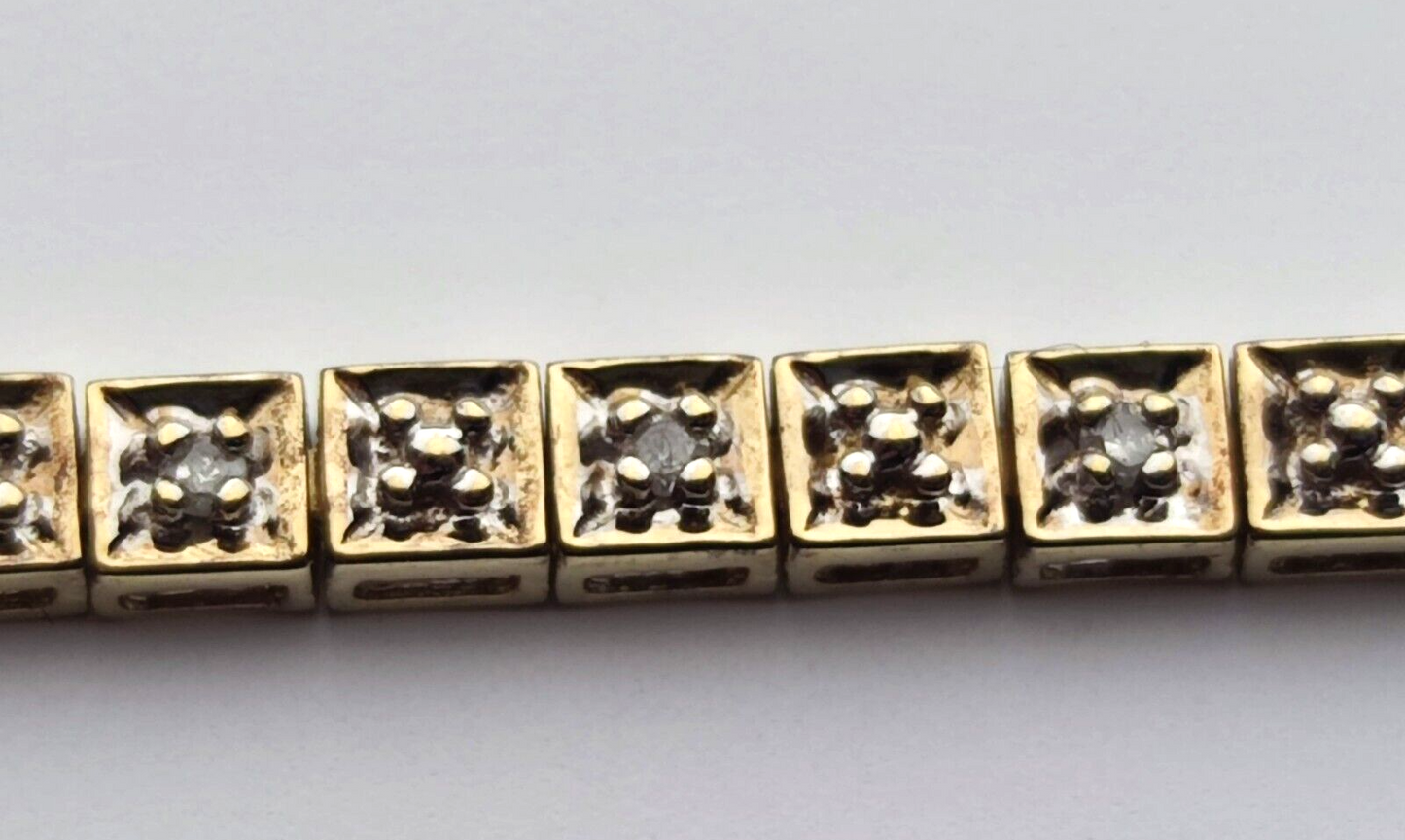 9ct Yellow Gold Diamond Tennis Bracelet Continuous Line Diamonds 18cm Long