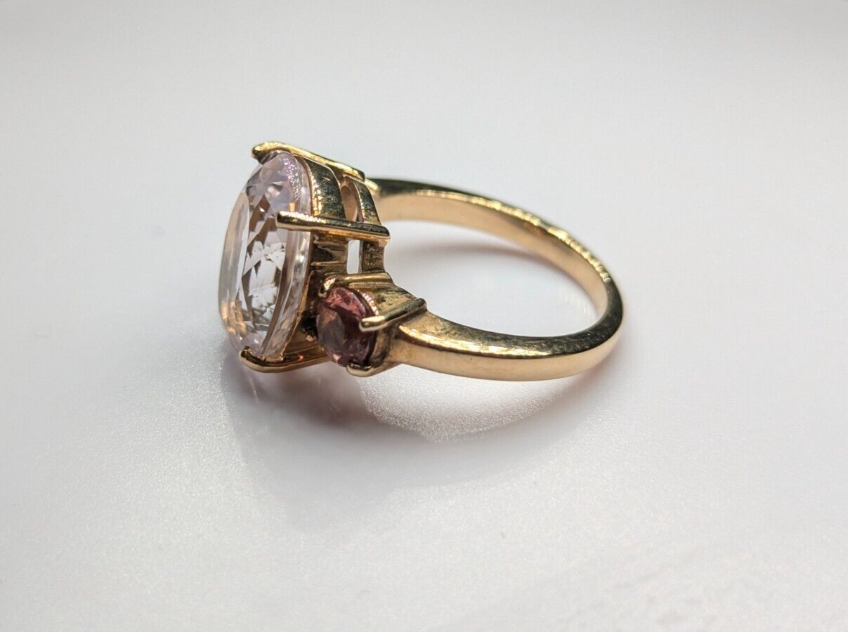 9ct Yellow Gold Ring Oval Colourless Kunzite & Pink Tourmaline UK Ring Size N