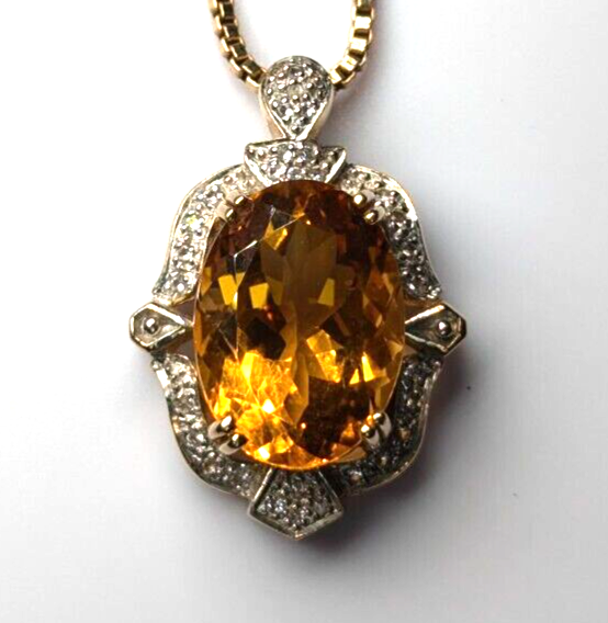 9ct Gold Pendant Yellow Citrine and Diamonds Natural Gemstones Size: 32mm x 22mm