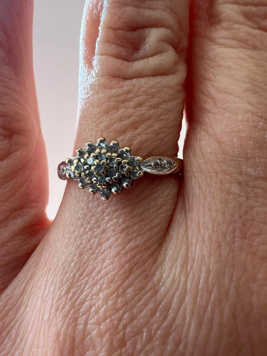 9ct Yellow Gold Ring Diamonds Cluster Setting UK Ring Size N