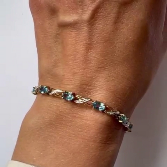 9ct Yellow Gold Tennis Bracelet Blue Topaz Natural Gemstones 19cm Long