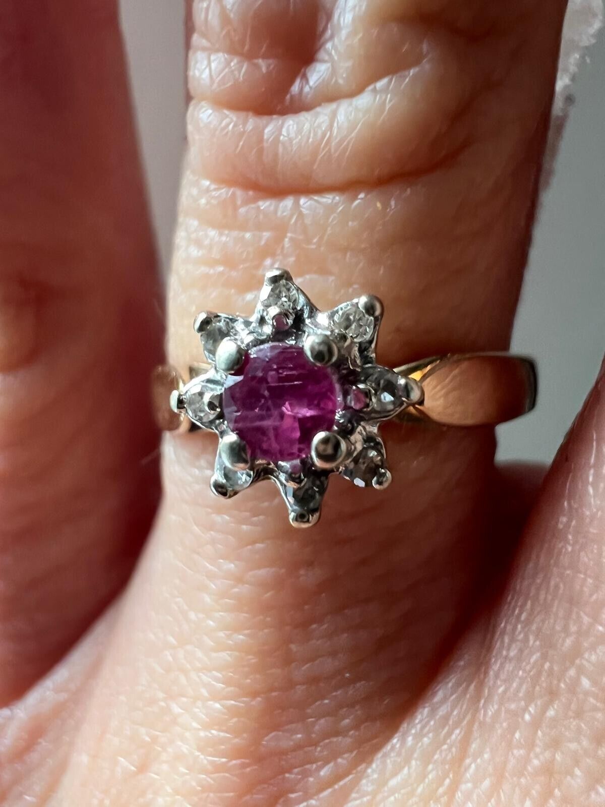 9ct Yellow Gold Ring Purple Ruby and Diamond Gemstones UK Ring Size O 1/2