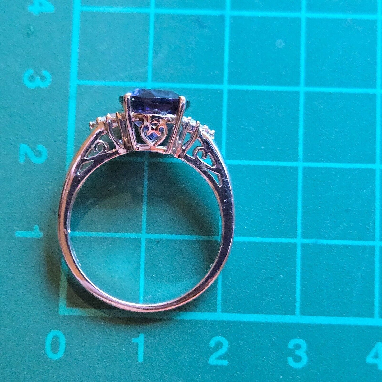 9ct White Gold Ring Blue Iolite and Diamond Gemstones Prong Setting Ring Size S