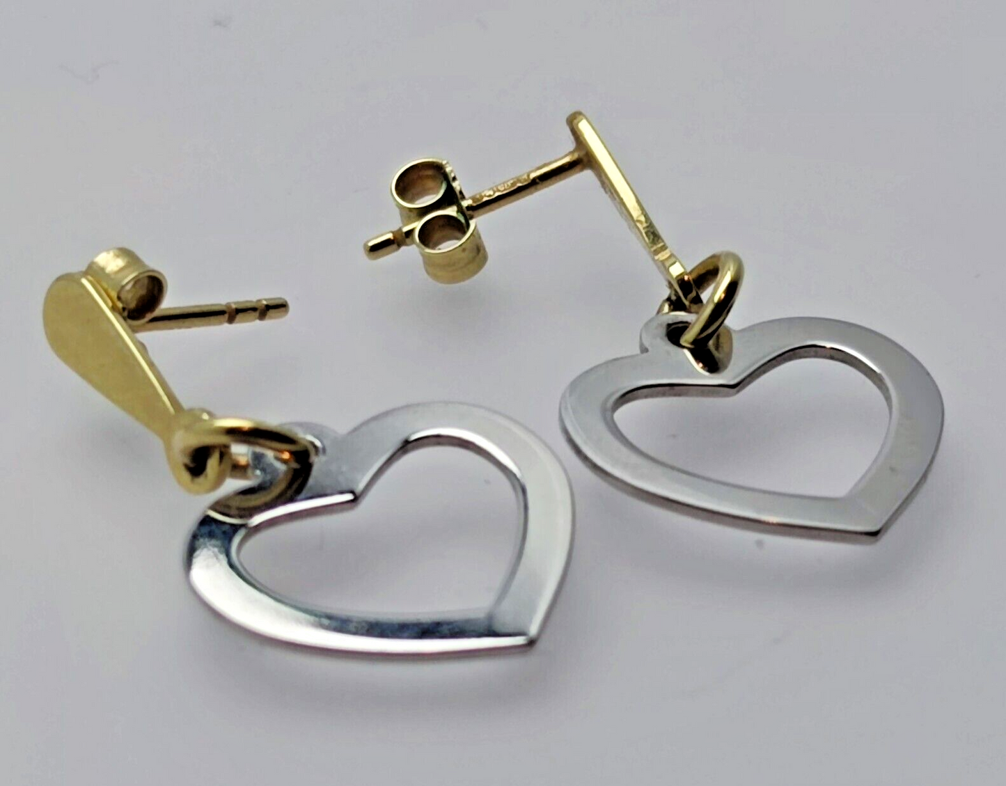 9ct Yellow and White Gold Drop Earrings Dangle Heart Shaped Charms