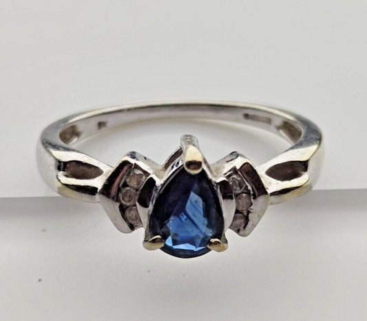 9ct White gold Ring Blue Sapphire and Colourless Diamonds Ring Size N 1/2
