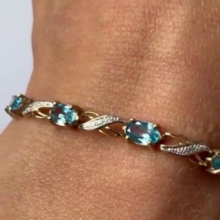 9ct Yellow Gold Tennis Bracelet Blue Topaz Natural Gemstones 19cm Long