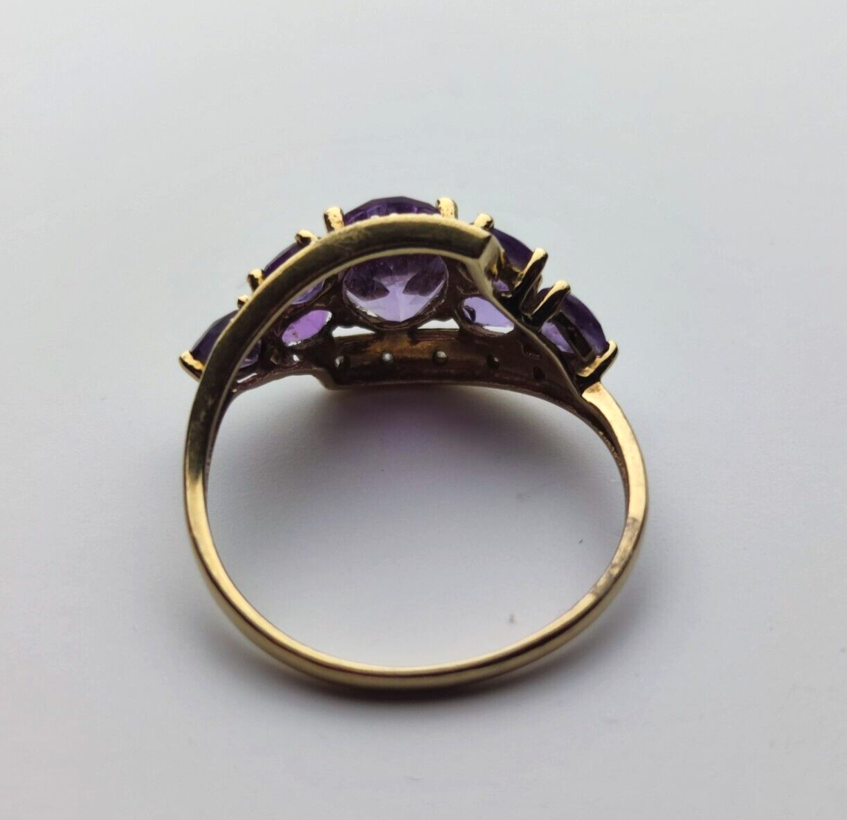 9ct Yellow Gold Ring Purple Amethyst White Diamonds Gemstones Ring Size: P