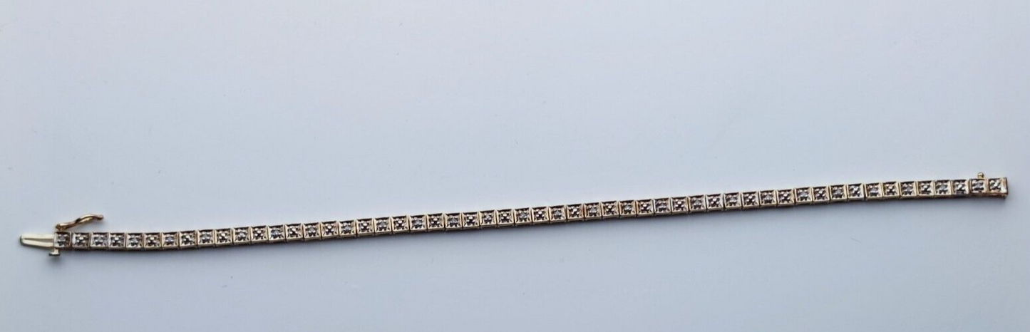 9ct Yellow Gold Diamond Tennis Bracelet Continuous Line Diamonds 18cm Long