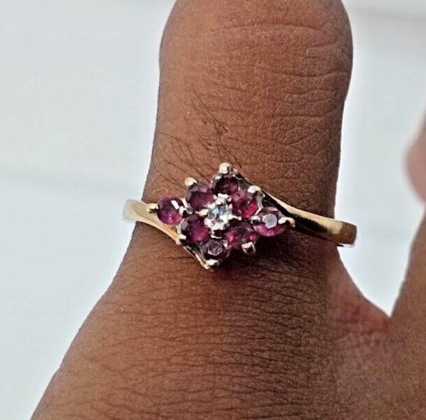 9ct Yellow Gold Ring Ruby and Diamond Crossover Band UK Ring Size N