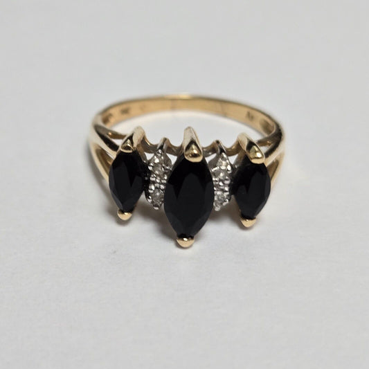 14ct Yellow Gold Ring Sapphire and Diamond Marquise-Cut Gemstone Ring Size L