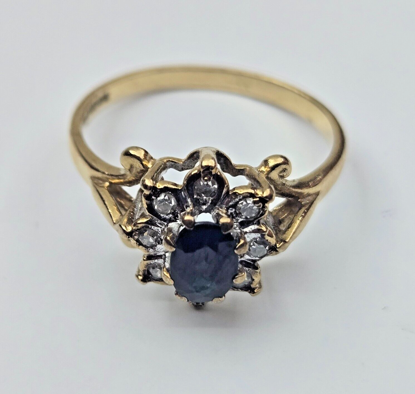9ct Yellow Gold Sapphire Diamond Ring Black & Colourless Gemstones Ring Size: N