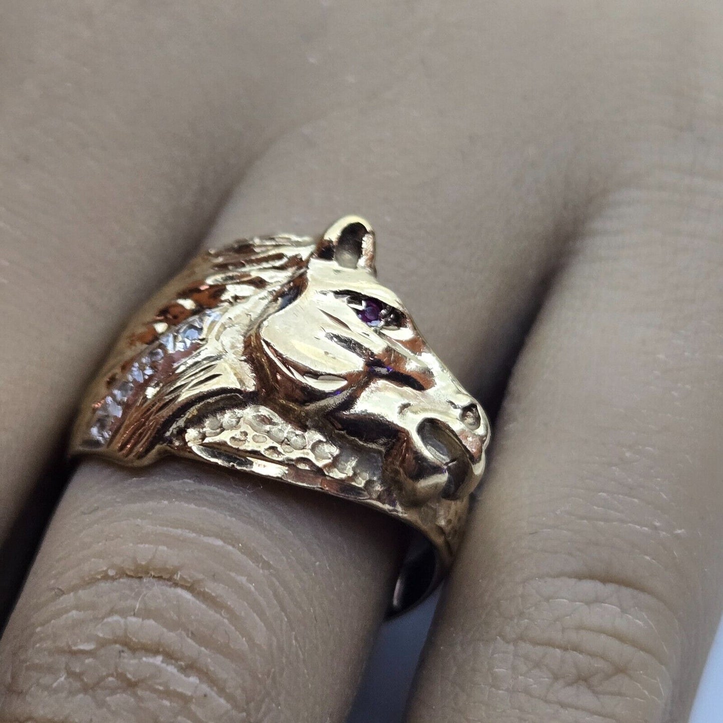 9ct Yellow Gold Horse Ring Ruby and Diamond Stones Ring Size Q 1/2