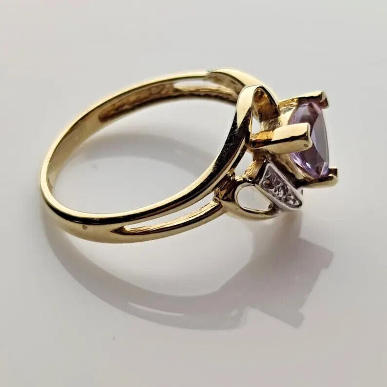 9ct Yellow Gold Ring Purple Amethyst & Diamond Crossover Band UK Ring Size N 1/2