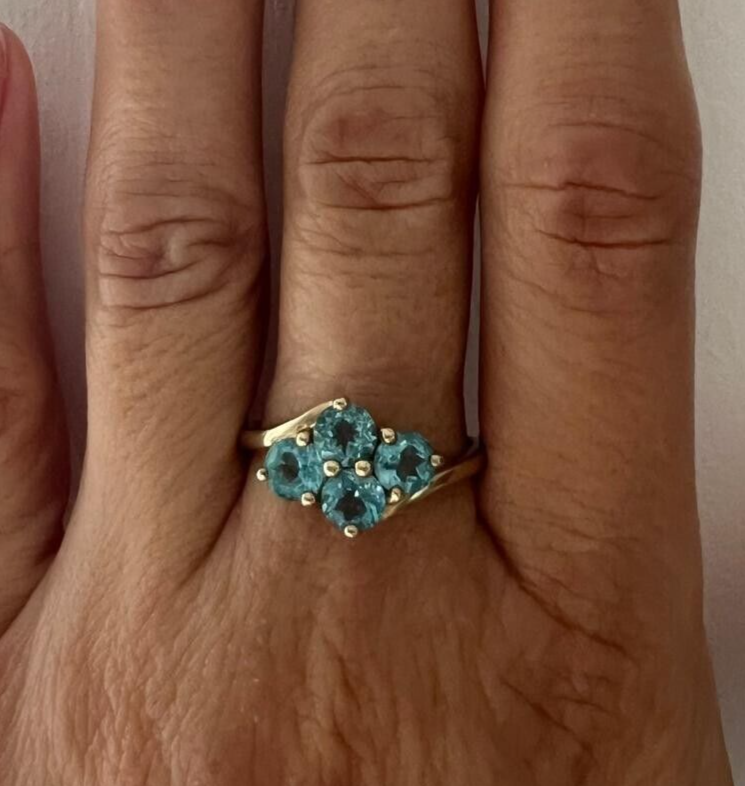 9ct Yellow Gold Ring 4x Round Blue Topaz Natural Gemstones UK Ring Size S