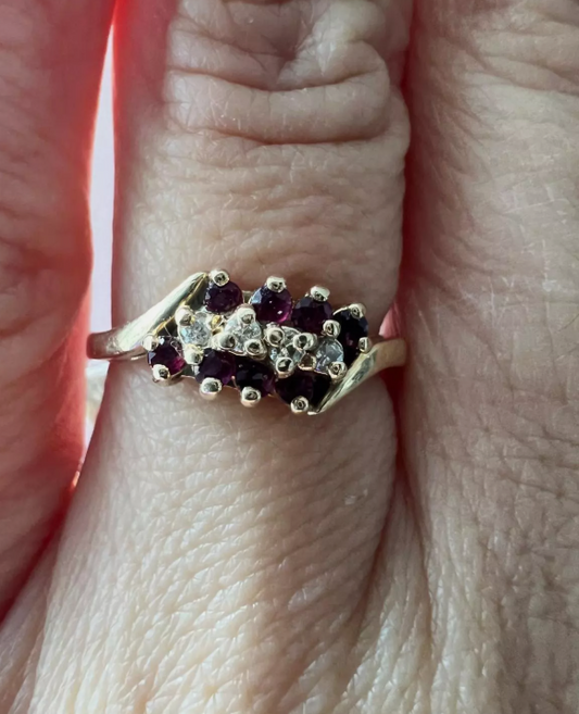 Vintage 14ct Yellow Gold Ring Red Ruby & Diamond Prong Setting Ring Size L
