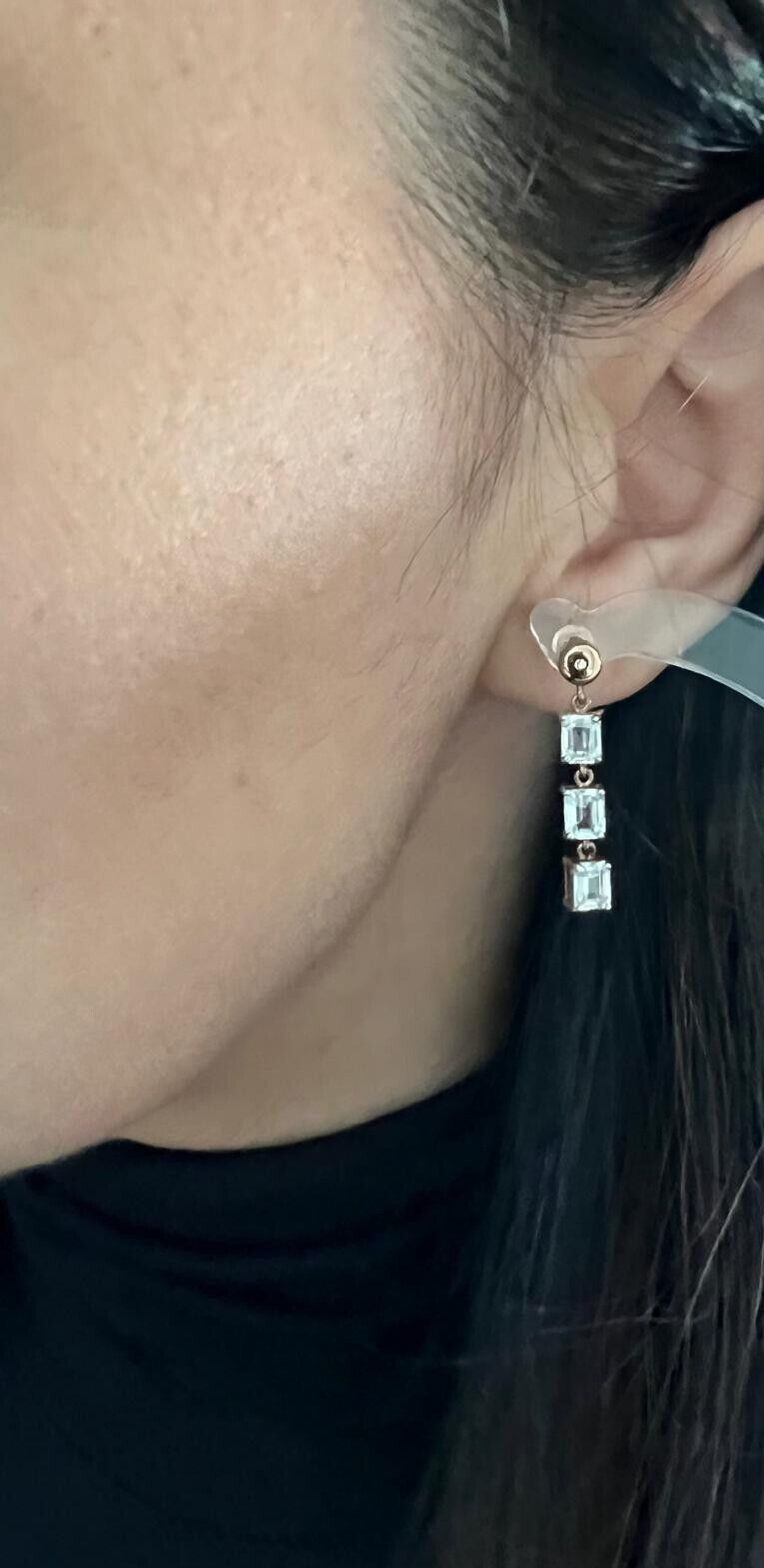 9ct Rose Gold Dangle Drop Earrings Rectangle Topaz and Round Diamond 29mm Drop