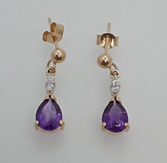 9ct Yellow Gold Dangle Earrings Purple Amethyst Natural Gemstones