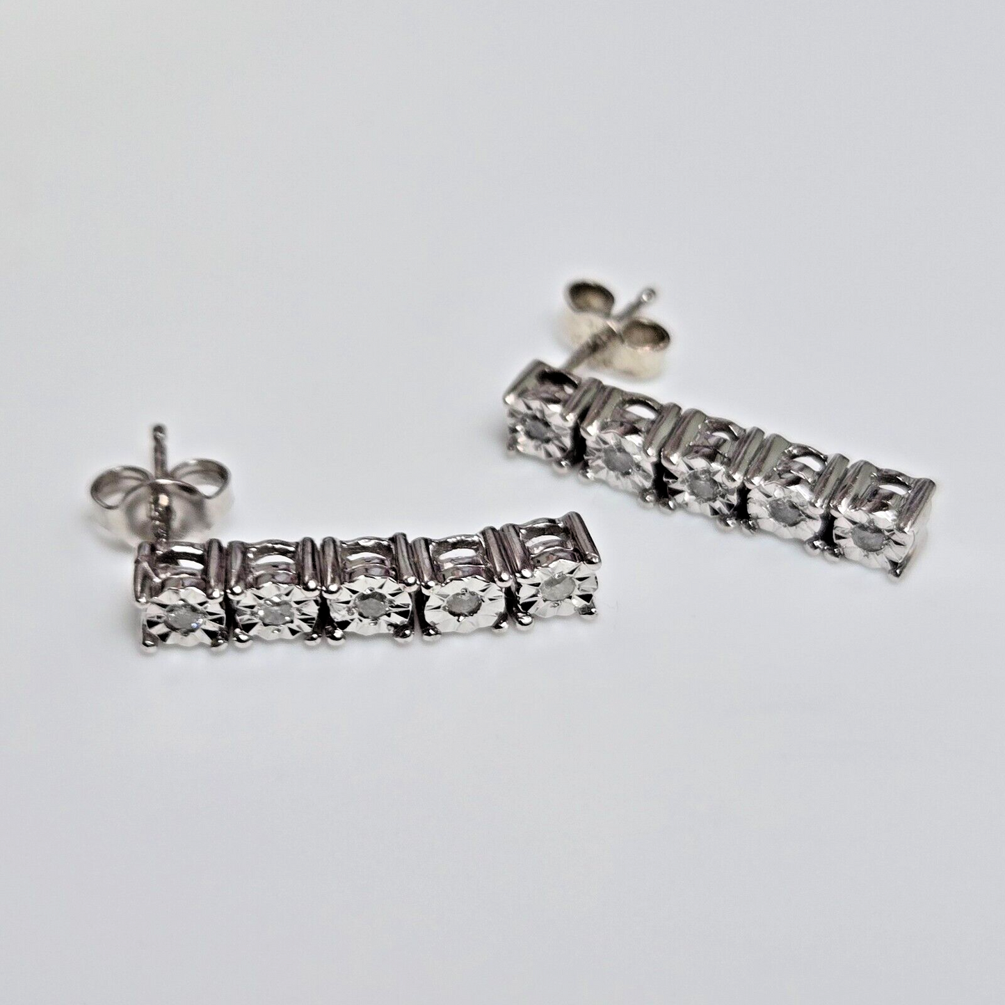9ct White Gold Diamond Drop Earrings Round Colourless Gemstones Push Backs