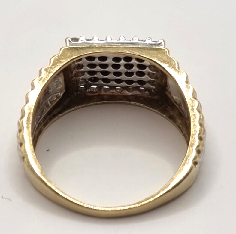 Men's 9ct Yellow Gold Signet Ring Black & White Diamonds UK Ring Size X 1/2