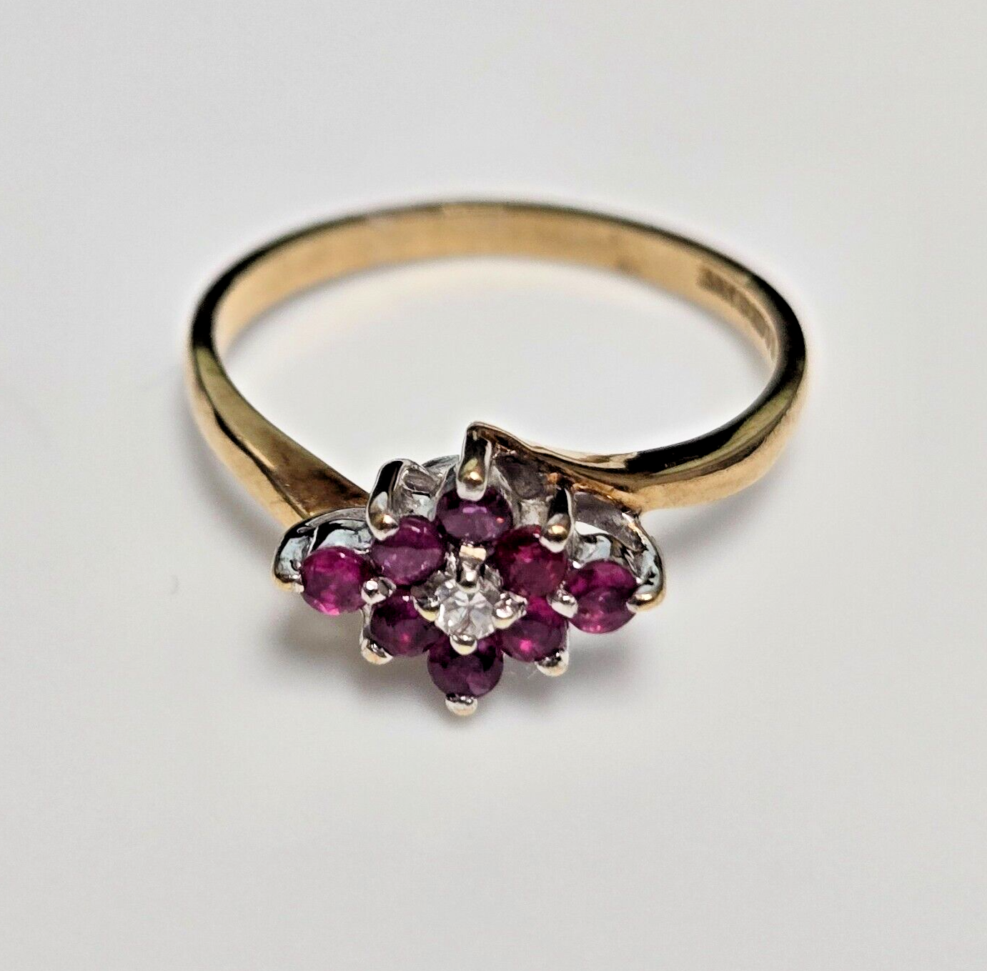 9ct Yellow Gold Ring Ruby and Diamond Crossover Band UK Ring Size N