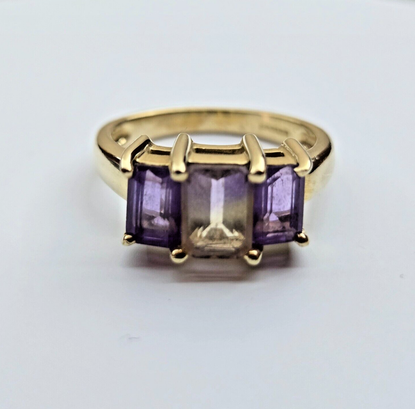 9ct Yellow Gold Purple Amethyst and Ametrine Three Stone Setting Ring Size N 1/2