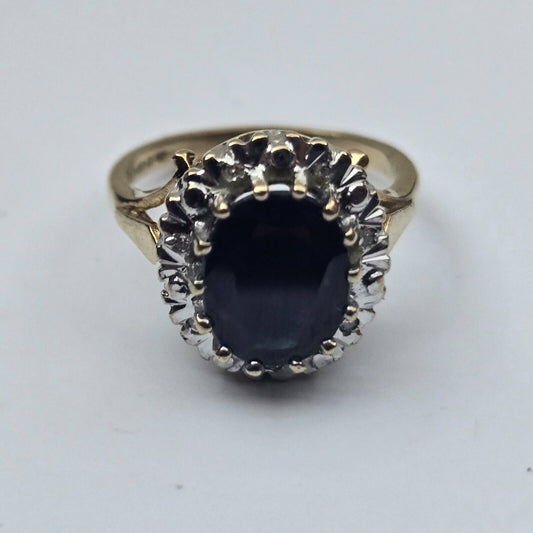 9ct Yellow Gold Ring Black Oval Sapphire and Diamonds Gemstones Ring Size L 1/2