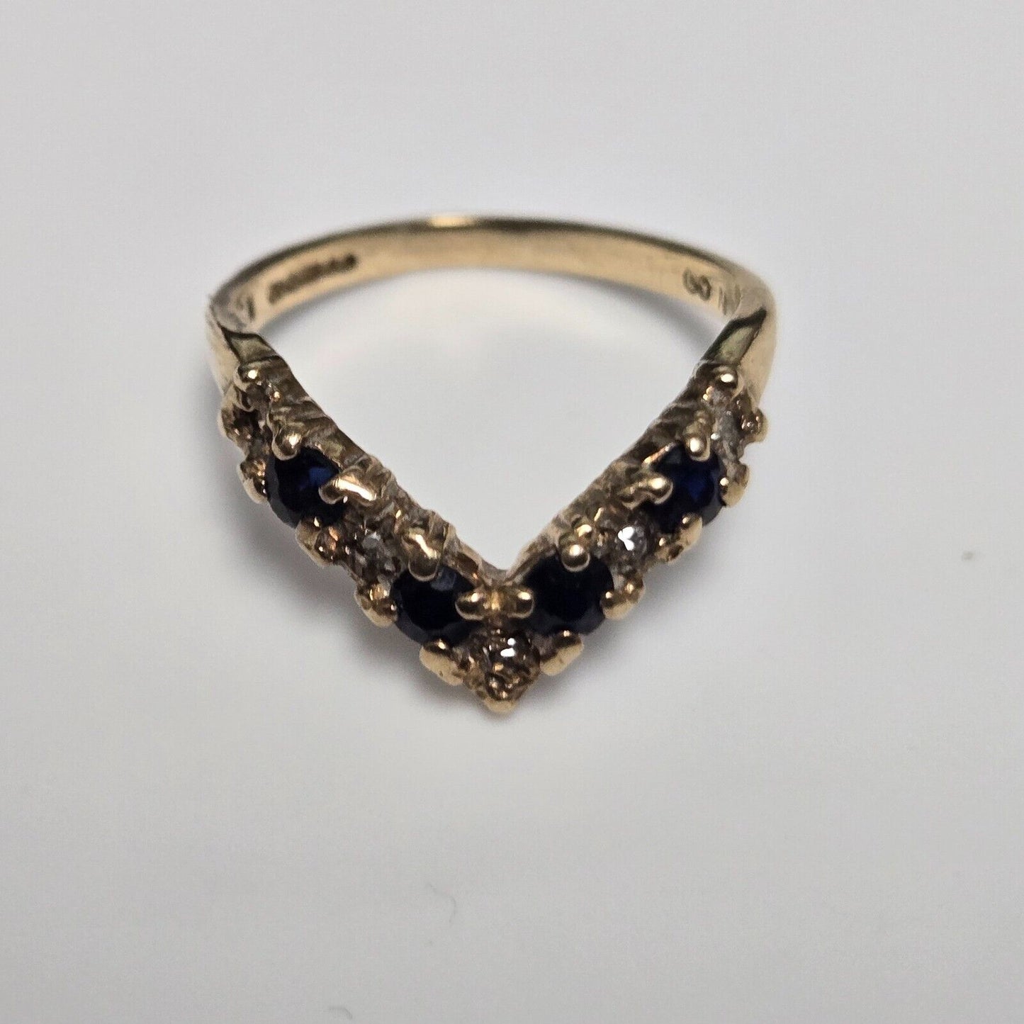 9ct Yellow Gold Ring Blue Sapphire & Diamonds Wishbone UK Ring Size N