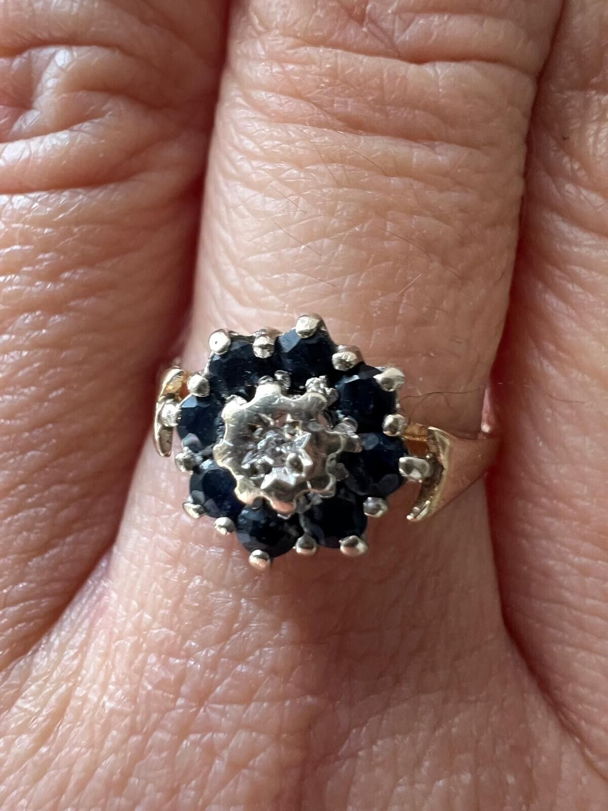 9ct Yellow Gold Ring Blue Sapphire and Round Diamond Gemstones Ring size O 1/2