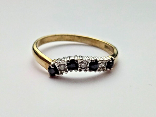 9ct Yellow Gold Ring Black Sapphire and Diamond Channel Setting UK Ring Size M