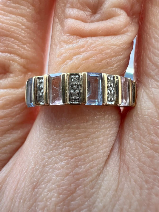 9ct Yellow Gold Multi-Gemstone Ring Blue & Pink Topaz & Diamonds Ring Size O 1/2