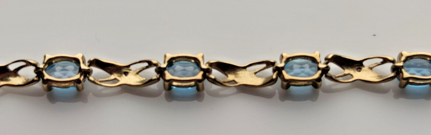 9ct Yellow Gold Tennis Bracelet Blue Topaz Natural Gemstones 19cm Long