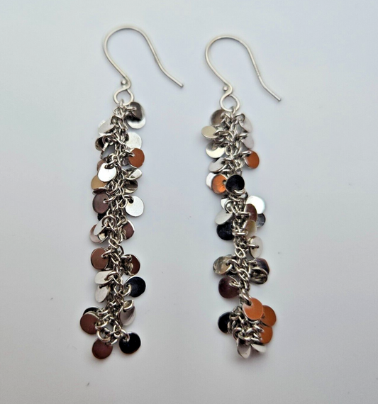 Sterling Silver Dangly Sequin Earrings Ear Wire Hook 50mm Drop Length