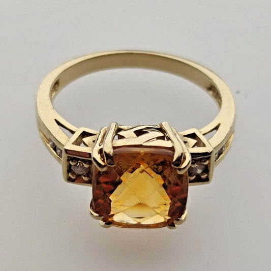 14ct Yellow Gold Ring Orange Citrine and Diamond Statement Ring Size N 1/2