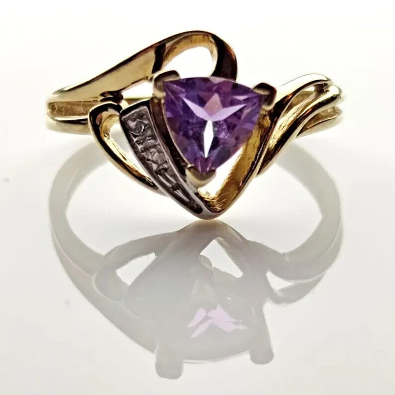 9ct Yellow Gold Ring Purple Amethyst & Diamond Crossover Band UK Ring Size N 1/2