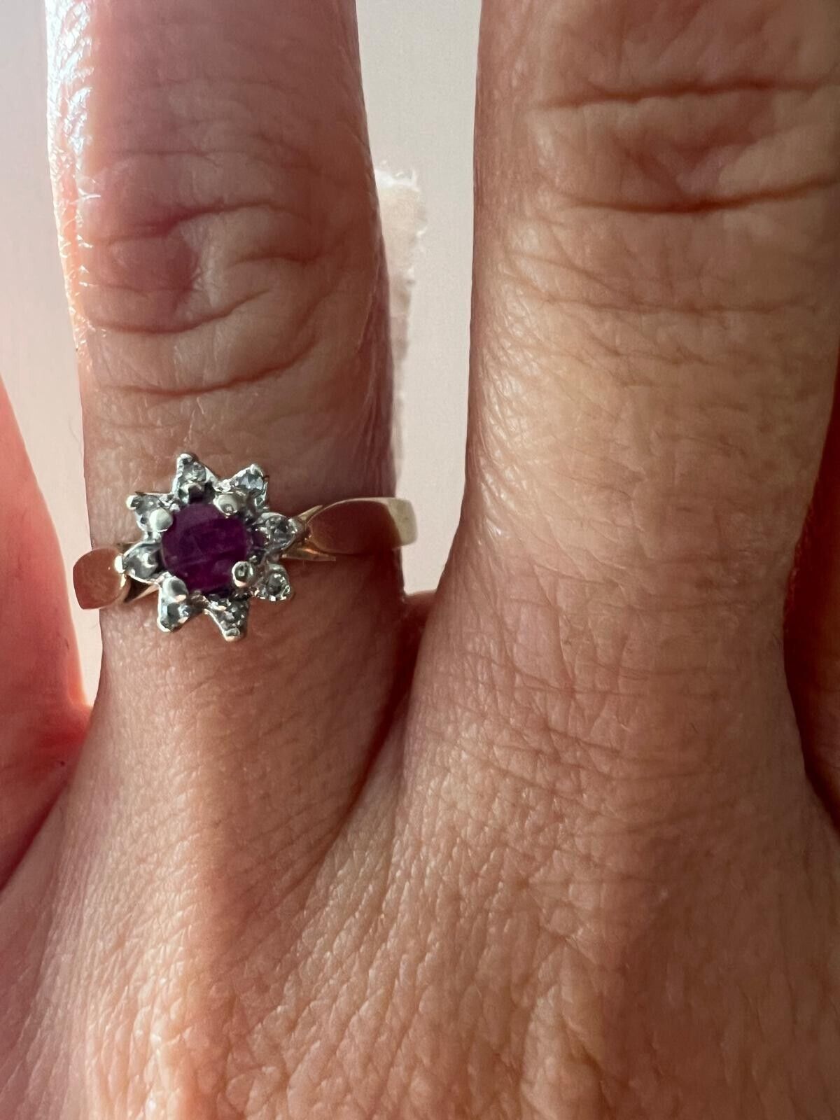 9ct Yellow Gold Ring Purple Ruby and Diamond Gemstones UK Ring Size O 1/2