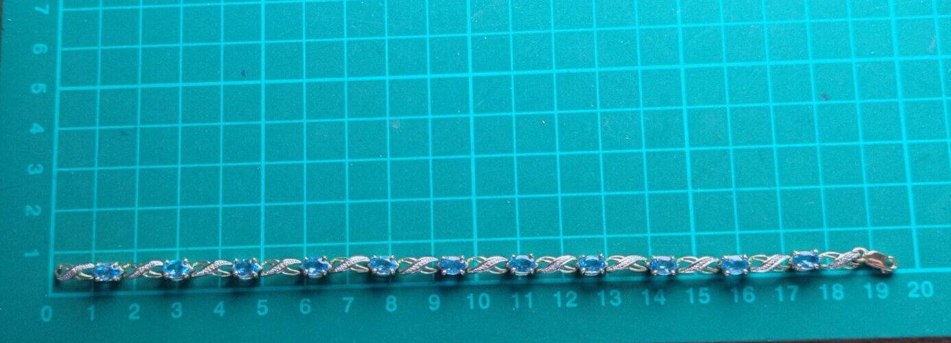 9ct Yellow Gold Tennis Bracelet Blue Topaz Natural Gemstones 19cm Long