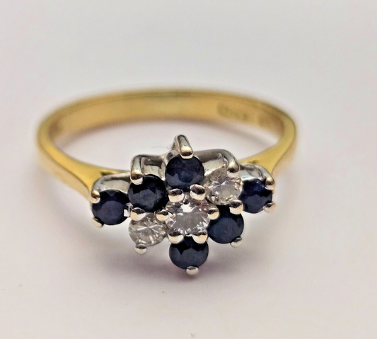 18ct Yellow Gold Ring Round Blue Sapphire & Round White Diamond Ring Size I