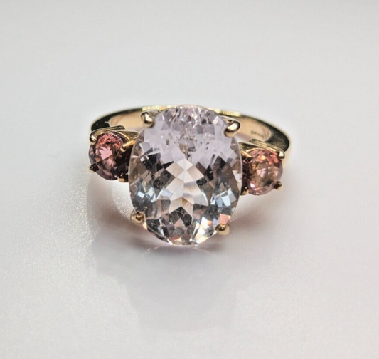 9ct Yellow Gold Ring Oval Colourless Kunzite & Pink Tourmaline UK Ring Size N
